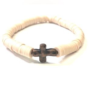 Handmade Bronze Color Cross Tan Polymer Clay Heishi Stretch Bracelet Women Gift